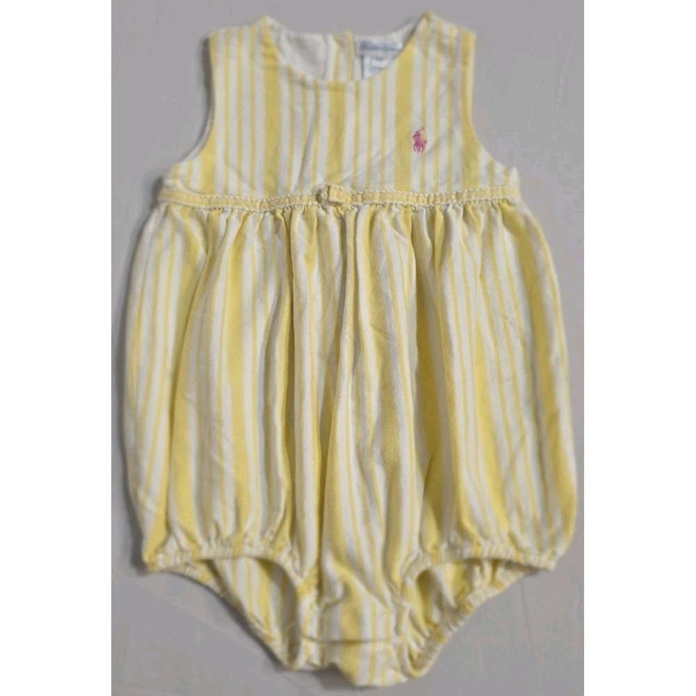 Ralph Lauren Girls‎ Striped Oxford Bubble Shortall Yellow/White Pink Logo Sz 24m